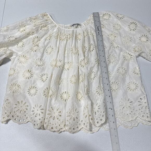MADEWELL Embroidered Shirred Puff-Sleeve Top M Floral Eyelet Ivory Boho Peasant - Picture 11 of 12